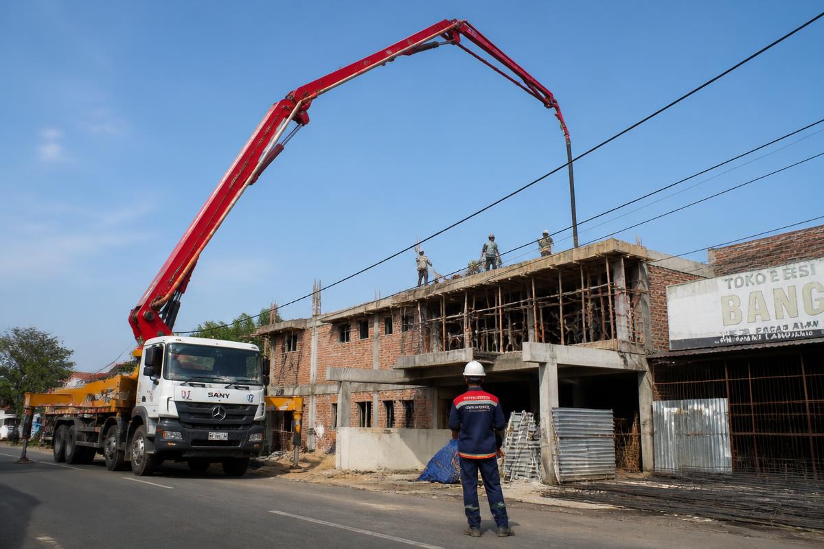 Unit sewa pompa beton boom panjang Jayamix memompa beton readymix ke lantai atas bangunan di Lampung