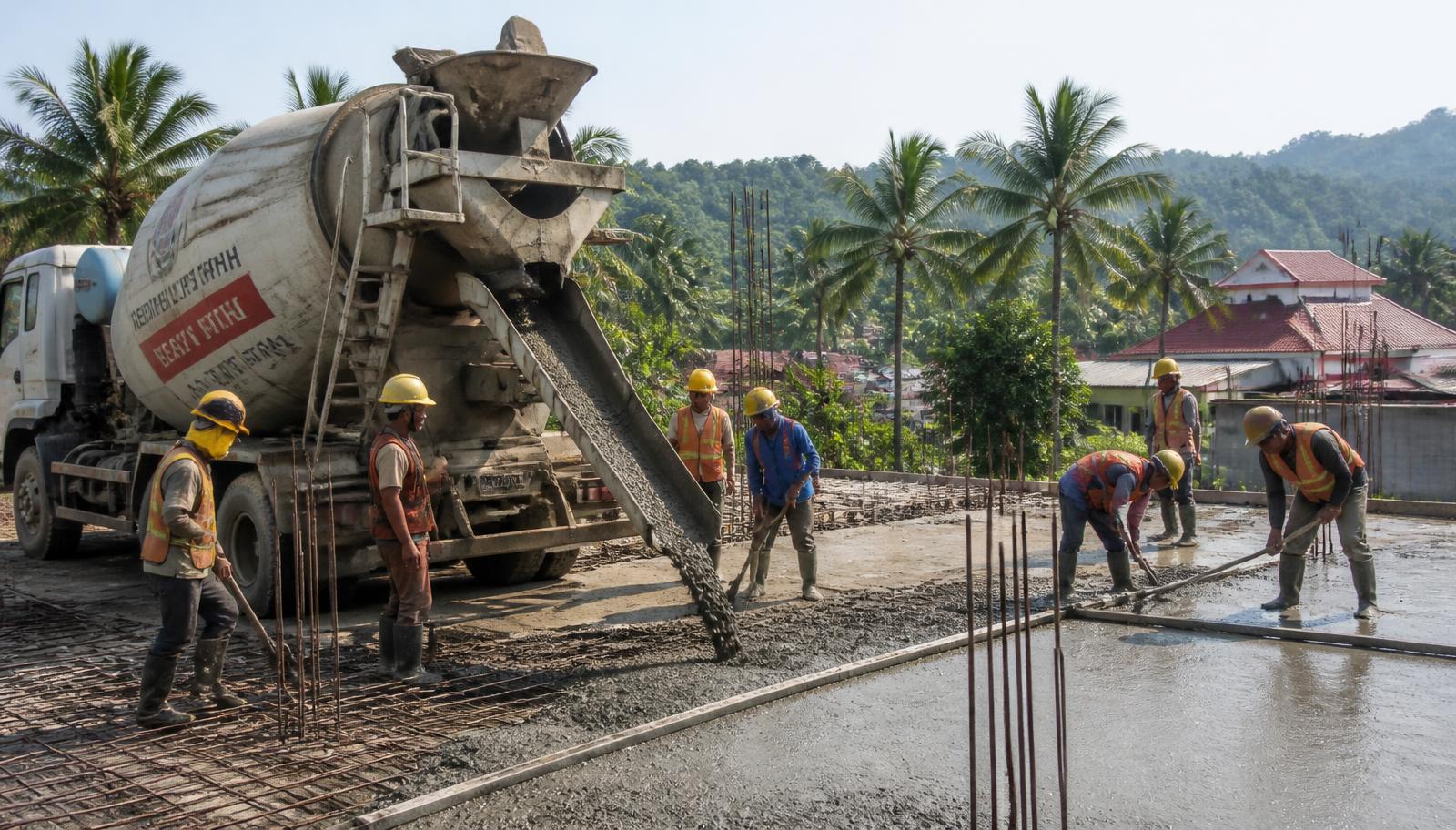 Truck mixer Jayamix menuang beton readymix pada pengecoran plat lantai proyek di Bandar Lampung
